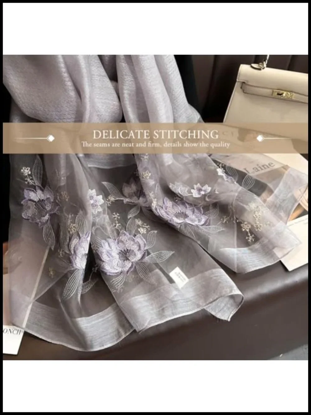 Silk Chiffon Scarf With Lotus Embroidery, Lightweight Shawl Wrap, Floral Pattern
